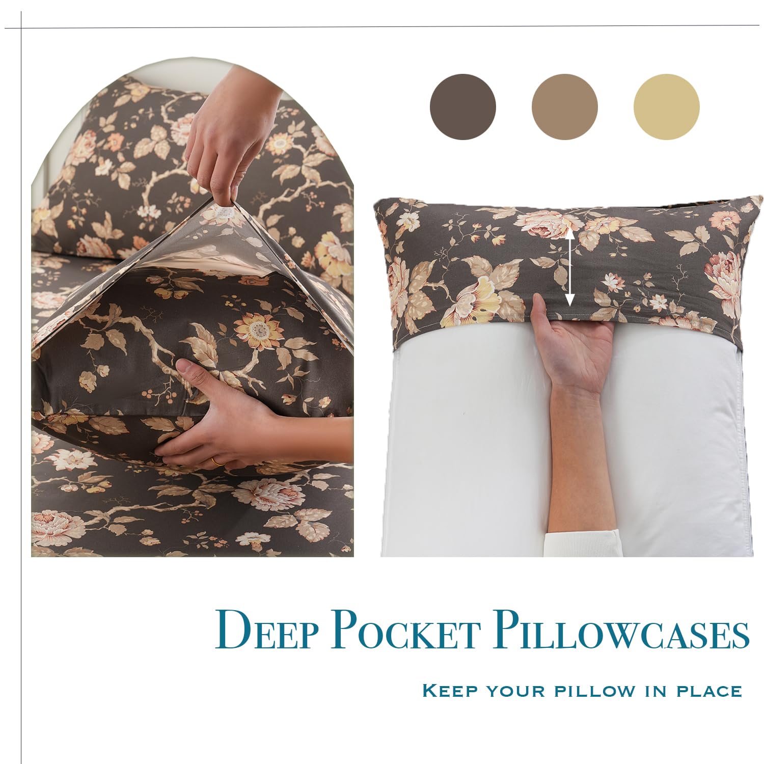 Zusbest Ash Brown Floral Bed Sheets Set - Queen Size Percale Cotton Shabby Rustic Peony Flower Print Bed Sheets - Soft Breathable Mocha Classic Vintage Bedding 4 Pcs Deep Pocket Flower Bed Sheets