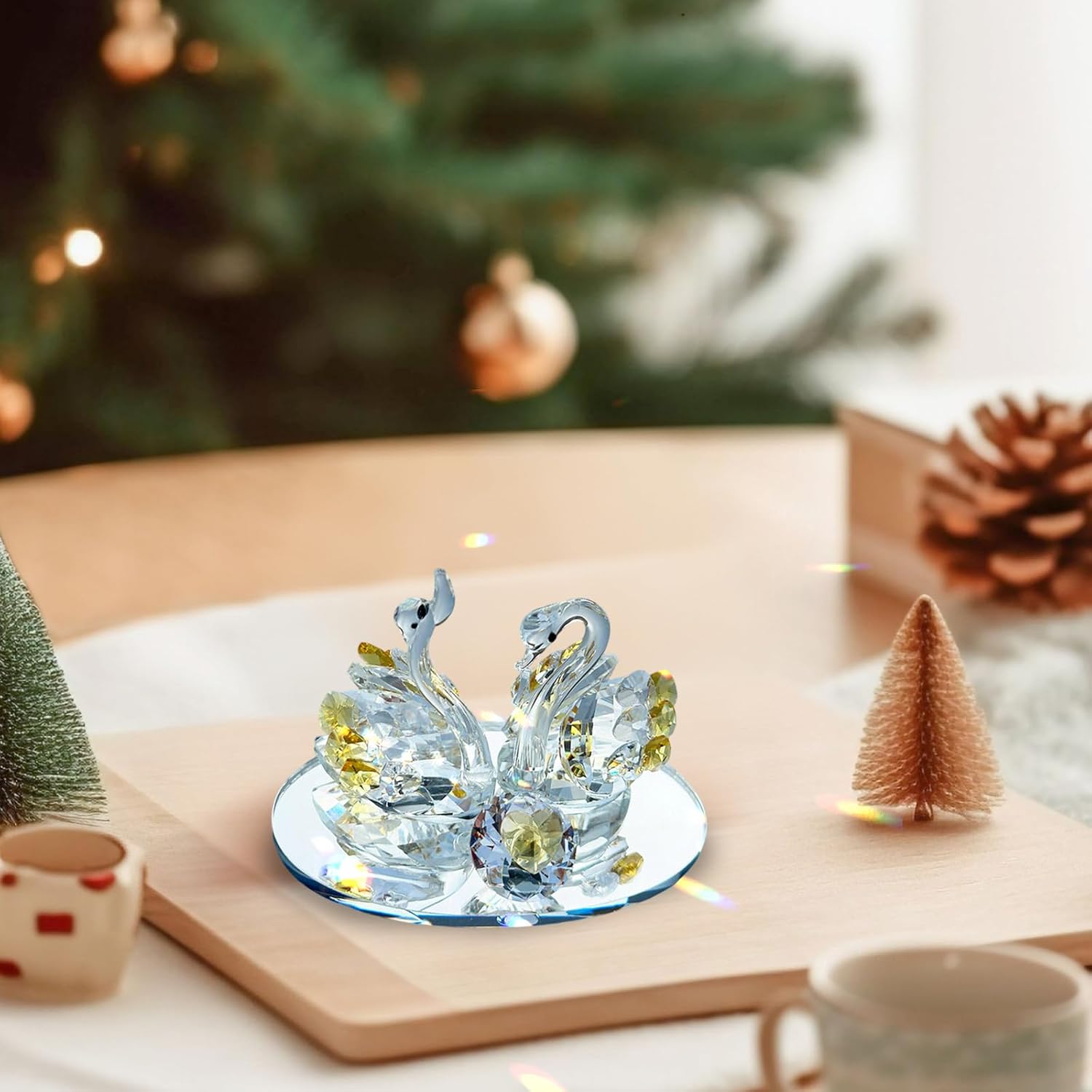 Skiennix Handcrafted Crystal Swan Figurine - Elegant Decorative Glass Collectible | Golden Accent for Home or Gift