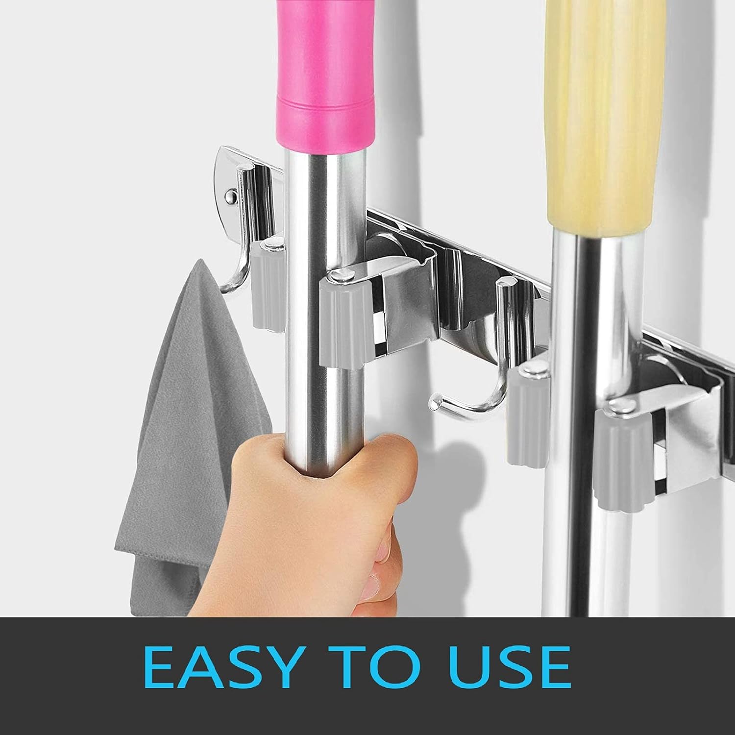 Skiennix Broom and Mop Holder - Wall Mounted Storage Rack with 2 Racks & 3 Hooks | Heavy-Duty Stainless Steel