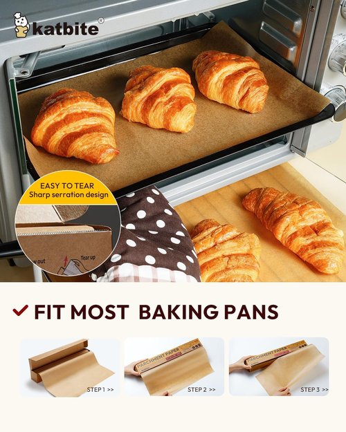 Katbite Parchment Paper Roll - Unbleached Non-Stick Baking Paper 15in x 115ft with Serrated Cutter