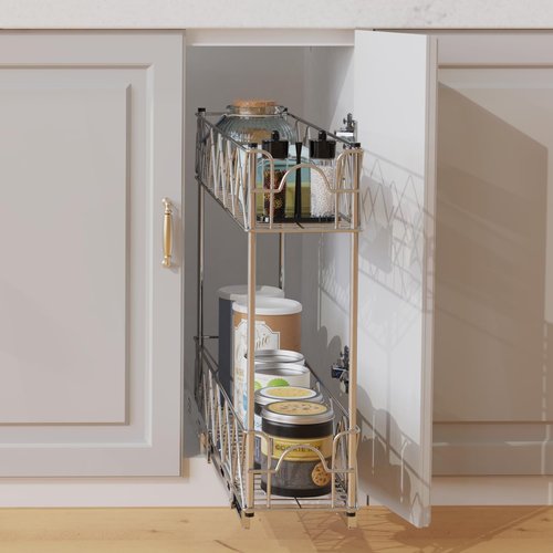 Glolaurge Narrow Pull Out Cabinet Organizer - 5" W x 21" D, 2-Tier Kitchen Cabinet Drawer Slide Out Shelves, Chrome