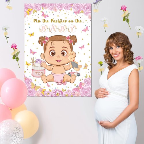 Pin The Pacifier On The Baby Game, Pink Baby Shower Decoration Pin Pacifier on Baby Poster Butterfly Theme Decor with 48 Pacifier Stickers Game for Baby Shower Party Birthday Party Supplies
