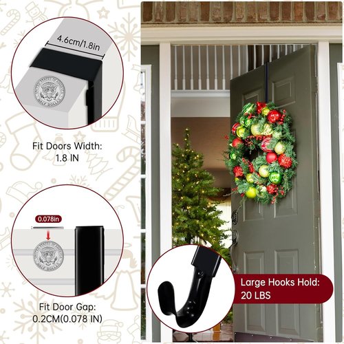 DZZ Adjustable Black Wreath Hanger - 15 to 25 Inch Door Hook for Larger Christmas Decor | 20 lb Capacity