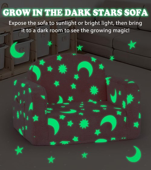 Kids Couch, 2-in-1 Soft Toddler Couch Fold Out with Blanket and Cloud Pillow, Glow in The Dark, Convertible Sofa, Gifts for Kids Girl Boys, Medium Pink Moon