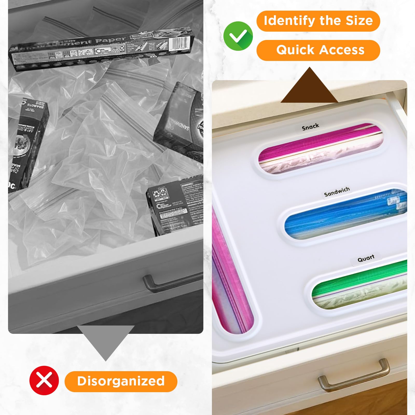 OUTXE Bag Organizer for Drawer + Fridge, Magnetic Kitchen Baggie Storage | Pantry Organization for Ziplock Plastic Food Bags | Compatible with Snack Sandwich Quart Gallon (White)