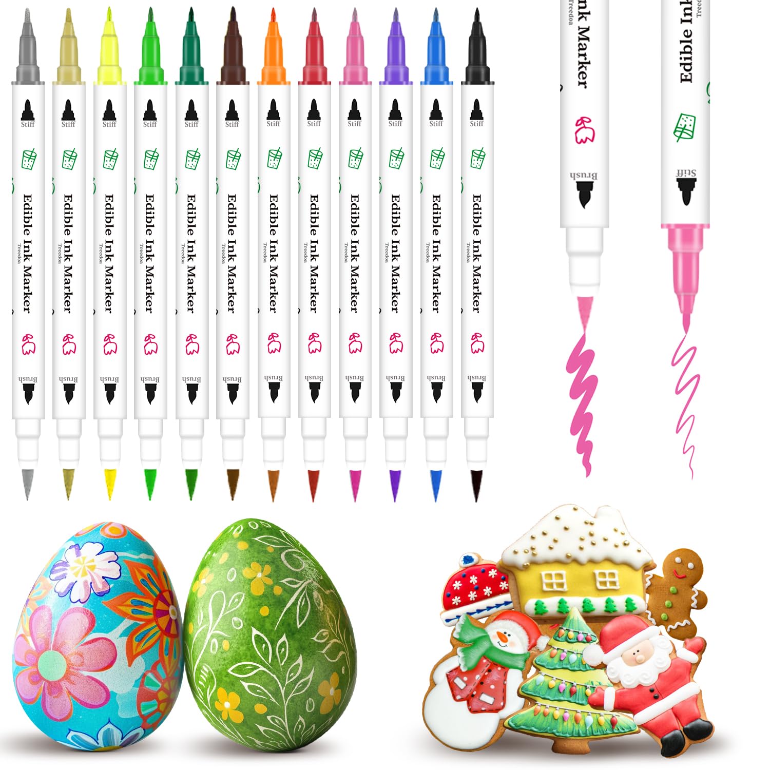 Treedoa Edible Markers - 12Pcs Food Coloring Pens for Cookie Decorating | Double-Sided Fine & Thick Tips