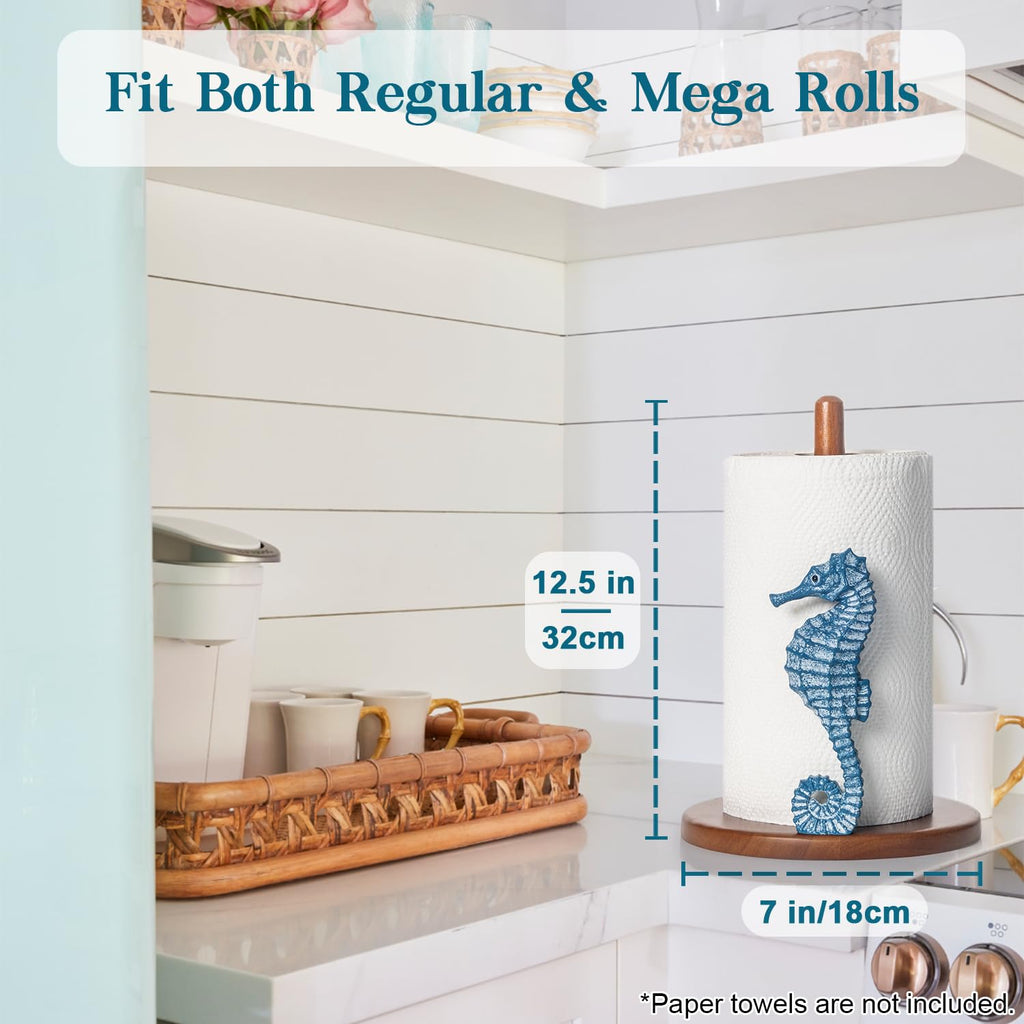 Seahorse Paper Towel Holder - Beach House Decor Unique Coastal Decor Seahorse Gifts for Women, Funny Cute Paper Towel Holder Stand Wood Kitchen Countertop Bathroom Decor Blue Coastal Kitchen