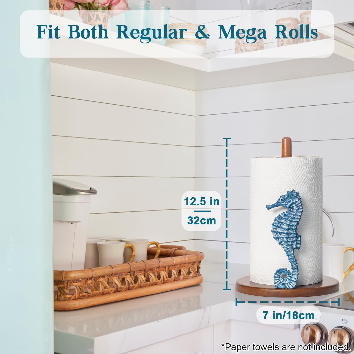 Seahorse Paper Towel Holder - Beach House Decor Unique Coastal Decor Seahorse Gifts for Women, Funny Cute Paper Towel Holder Stand Wood Kitchen Countertop Bathroom Decor Blue Coastal Kitchen
