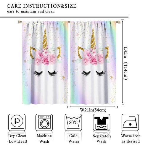 Kids Unicorn Curtains Rainbow Unicorn Window Curtain Fabric Thermal Insulated for Girl Room 42X45 Inch Decor