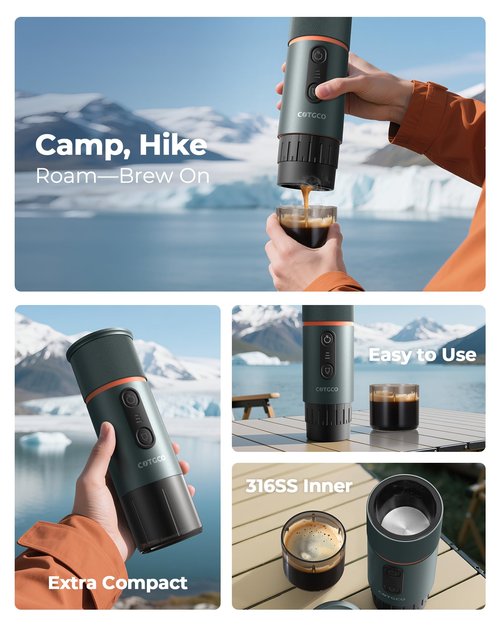 COTGCO Portable Espresso Maker 20 Bar Self‑Heating & Auto-off | 13500 mAh Battery Brews 8 Shots | 12 V Mini Coffee Machine Compatible with Nespresso Original Pods | Car/Travel/Camping