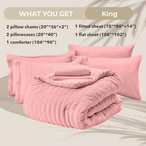 HYMOKEGE King Size Comforter Set - Luxury 7-Piece Rose Pink Bedding Set with Sheets & Pillowcases