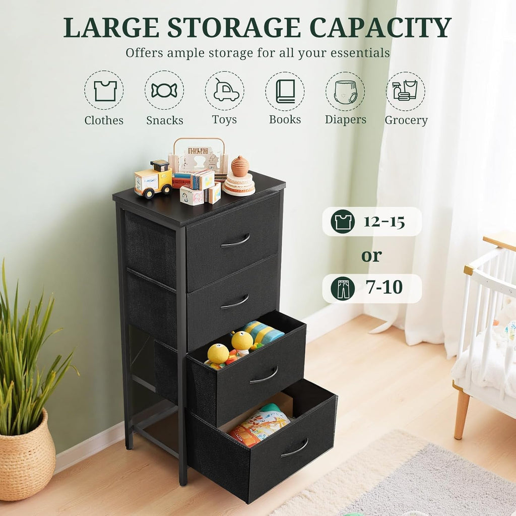 Regine Switzerland Nightstand - 4 Drawer Dresser with Wooden Top & Steel Frame | Black Fabric Bins for Bedroom & Living Room