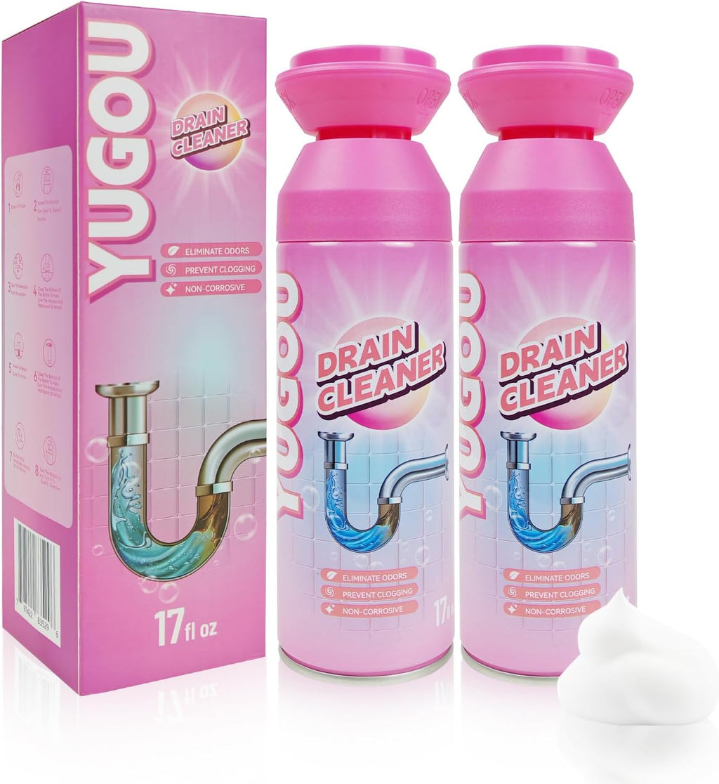 Yugou Foaming Drain Cleaner - Powerful Clog Remover & Deodorizer for Sinks, Showers & Tubs (2 Pack)