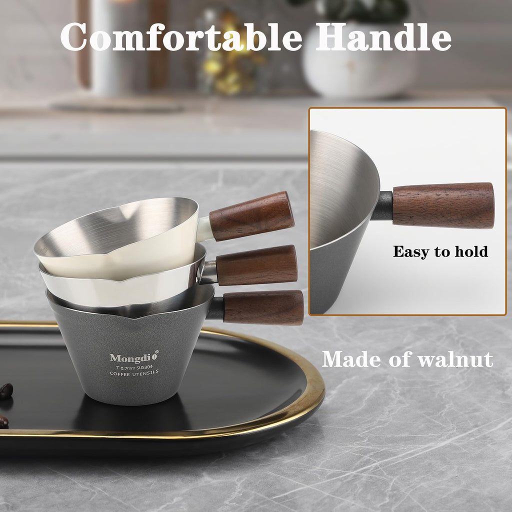 Mongdio Espresso Measuring Cup, Stainless Steel Espresso Shot Cups with Wooden Handle and Double Spouts, 3.4OZ/100ML, White