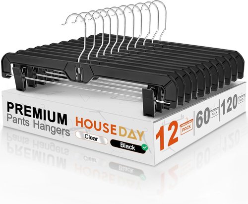 HOUSE DAY Black Pants Hangers - 12 Pack Plastic Clip Hangers with 360° Swivel Hook | 14 Inch for Skirts & Jeans