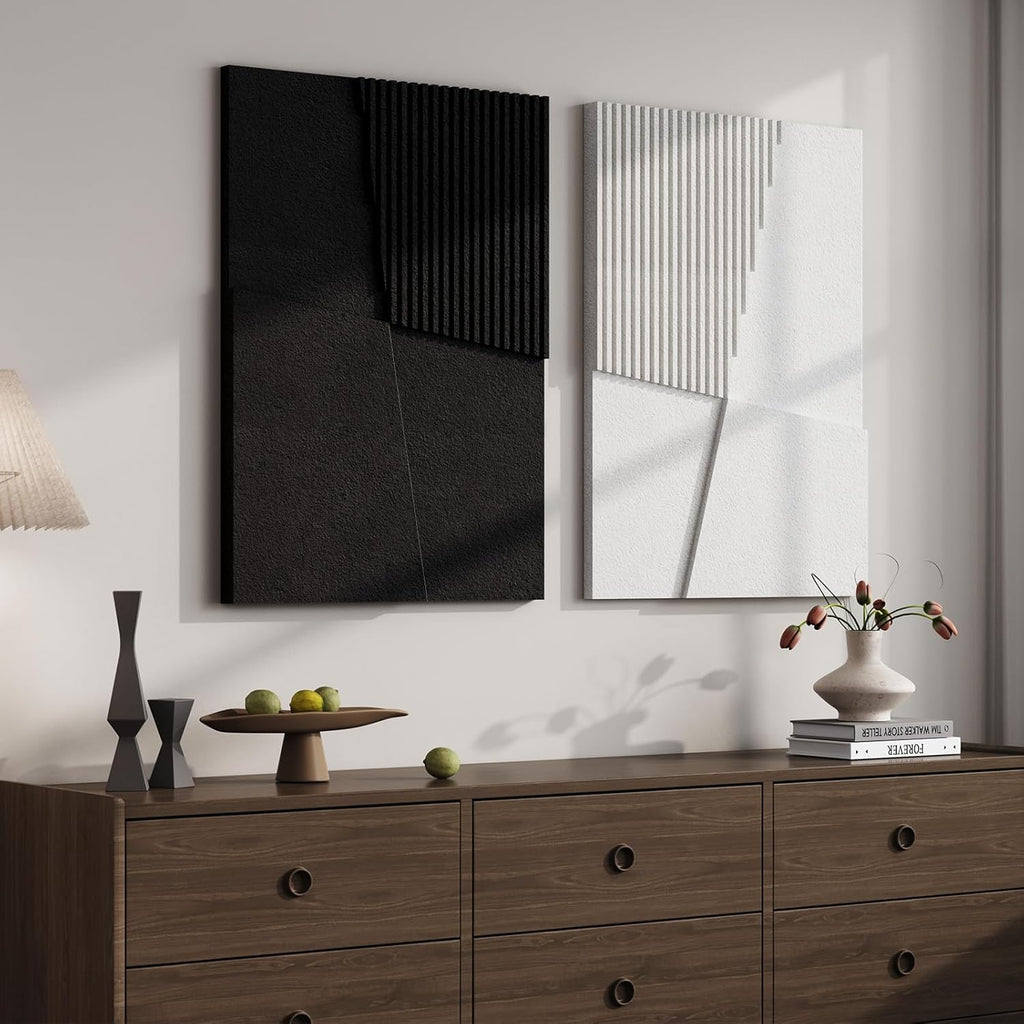 Skiennix 3D Textured Black and White Abstract Wall Art - Modern Geometric Paintings, 24x36 In, 2 Piece Set