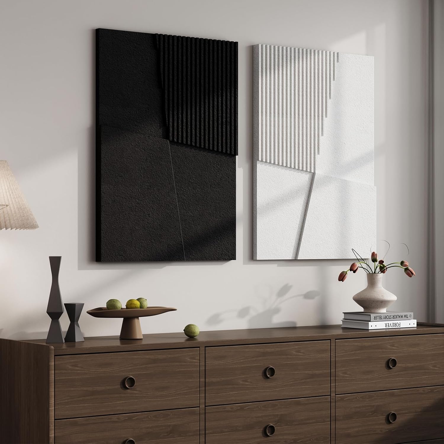 Skiennix 3D Textured Black and White Abstract Wall Art - Modern Geometric Paintings, 24x36 In, 2 Piece Set