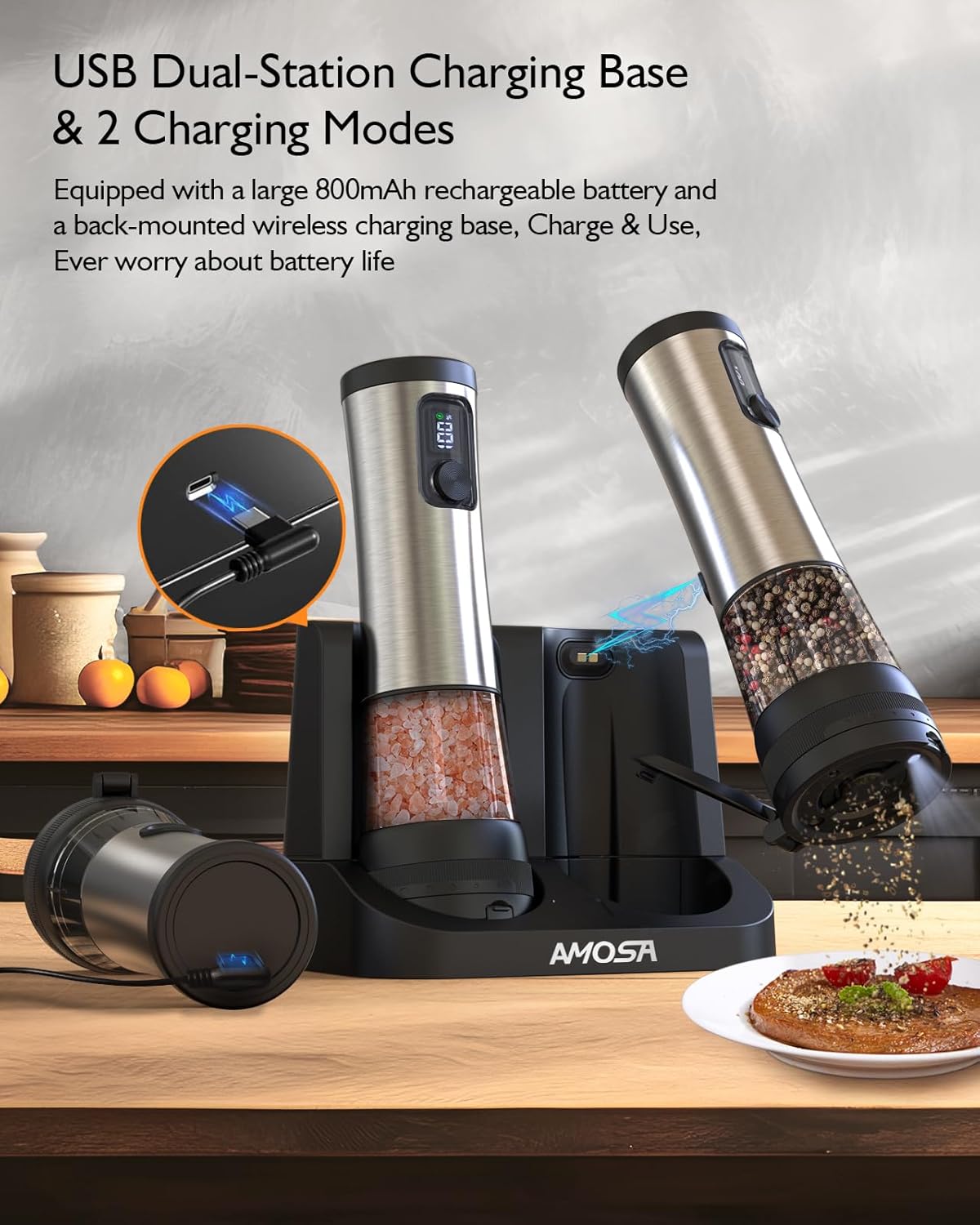 Skiennix Electric Salt and Pepper Grinder Set - Rechargeable, 2-Speed, Adjustable Coarseness, Stainless Steel