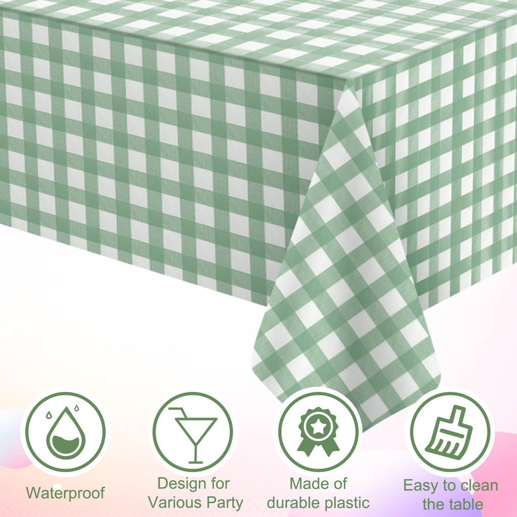 3Pcs Sage Green Gingham Birthday Party Tablecloth Decorations,Green White Checkered Plastic Table Cover Disposable Rectangle Plaid Table Cloth for Baby Shower Kids Wedding Party Supplies,54x108 Inch