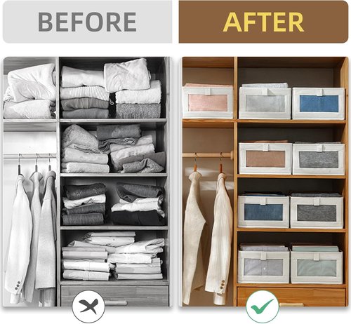Linen Closet Organizers - 12 Pack Foldable Storage Bins with Clear Window for Clothing & Jeans