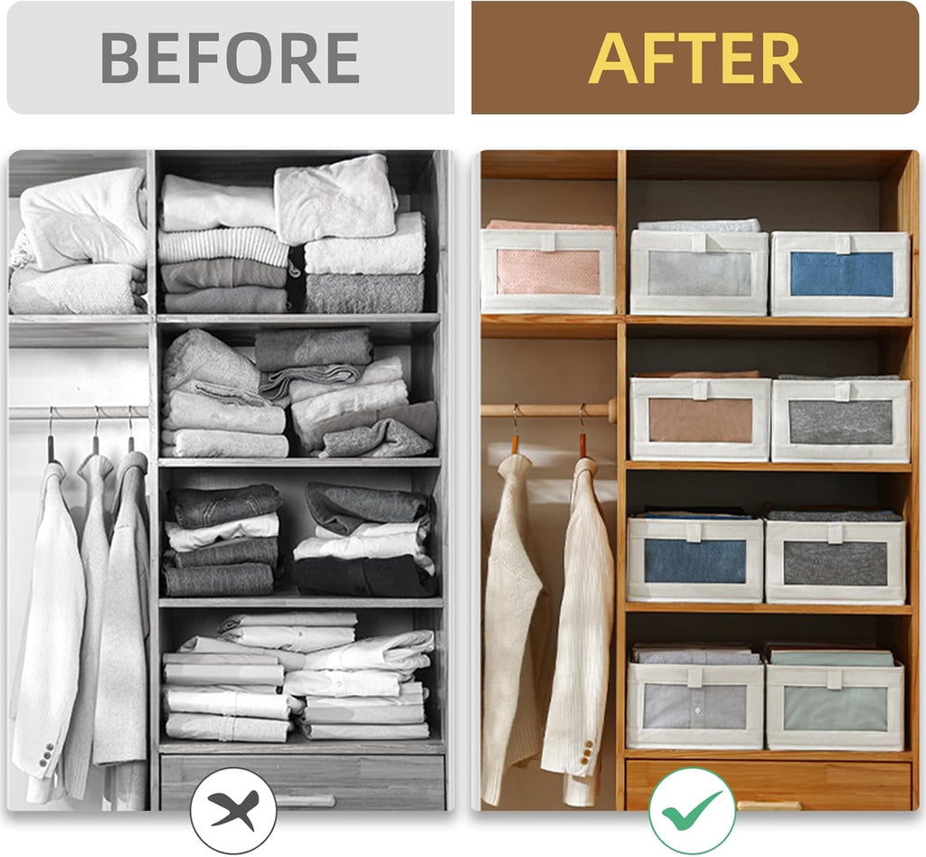 Skiennix Linen Closet Organizers - 10 Pack Foldable Storage Bins with Clear Window for Clothing & Jeans