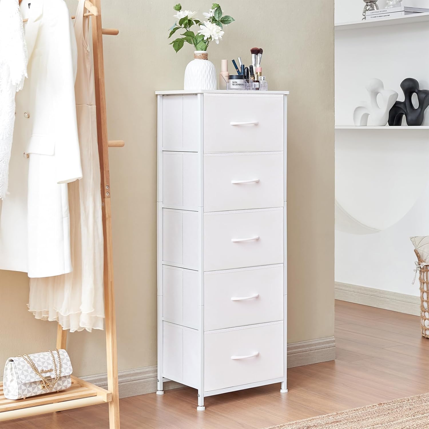 Somdot Tall Dresser - 5 Drawer Storage Organizer with Removable Fabric Bins | White Leather Finish