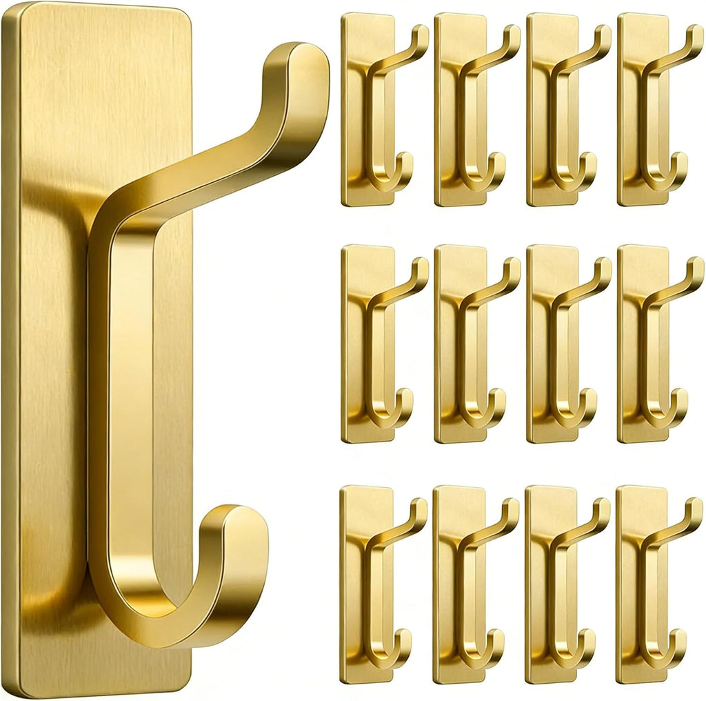 Pickpiff 12 Pack Wall Hooks - Strong Adhesive Coat & Towel Hangers | Brushed Gold Finish