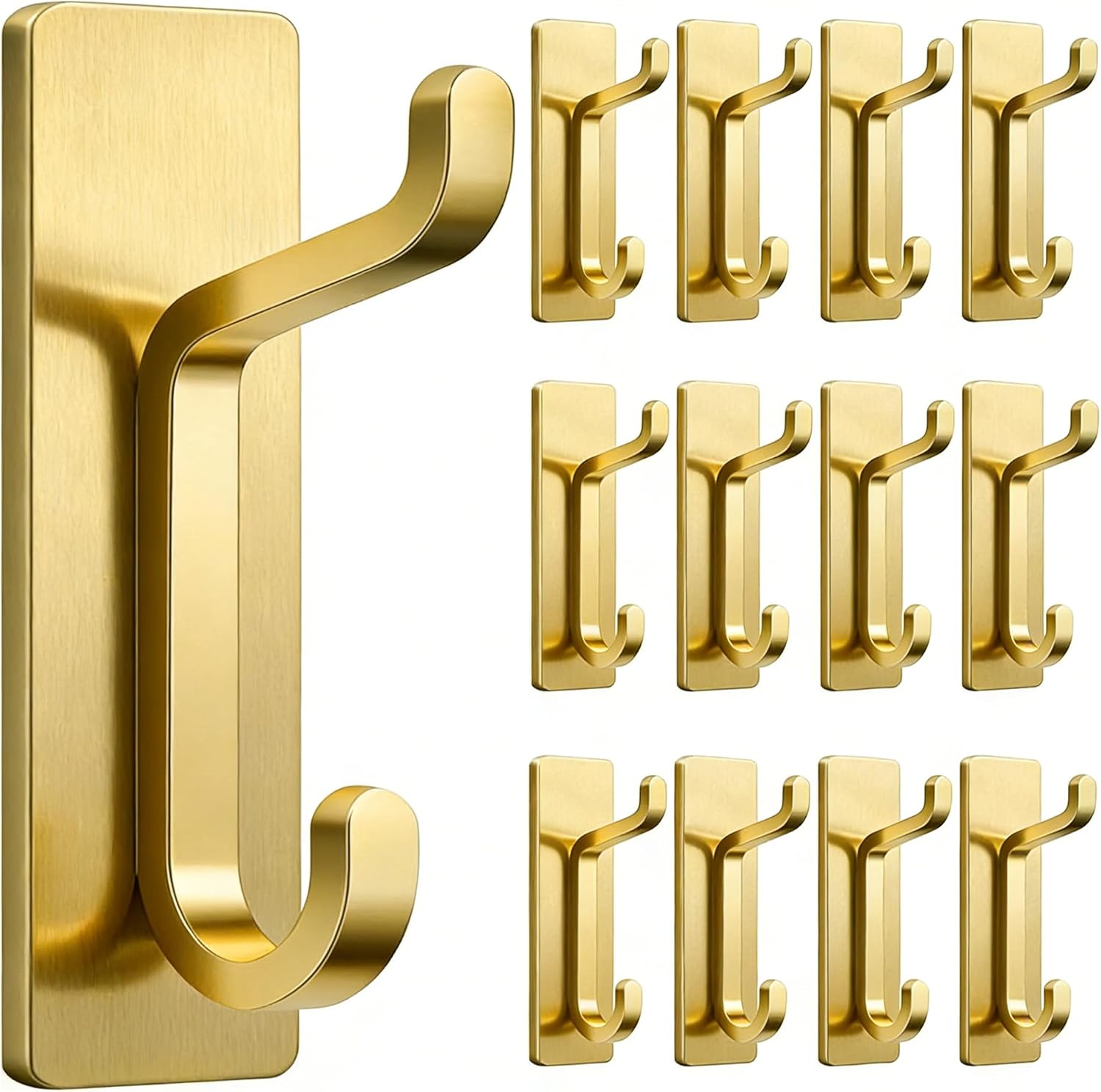 Pickpiff 12 Pack Wall Hooks - Strong Adhesive Coat & Towel Hangers | Brushed Gold Finish