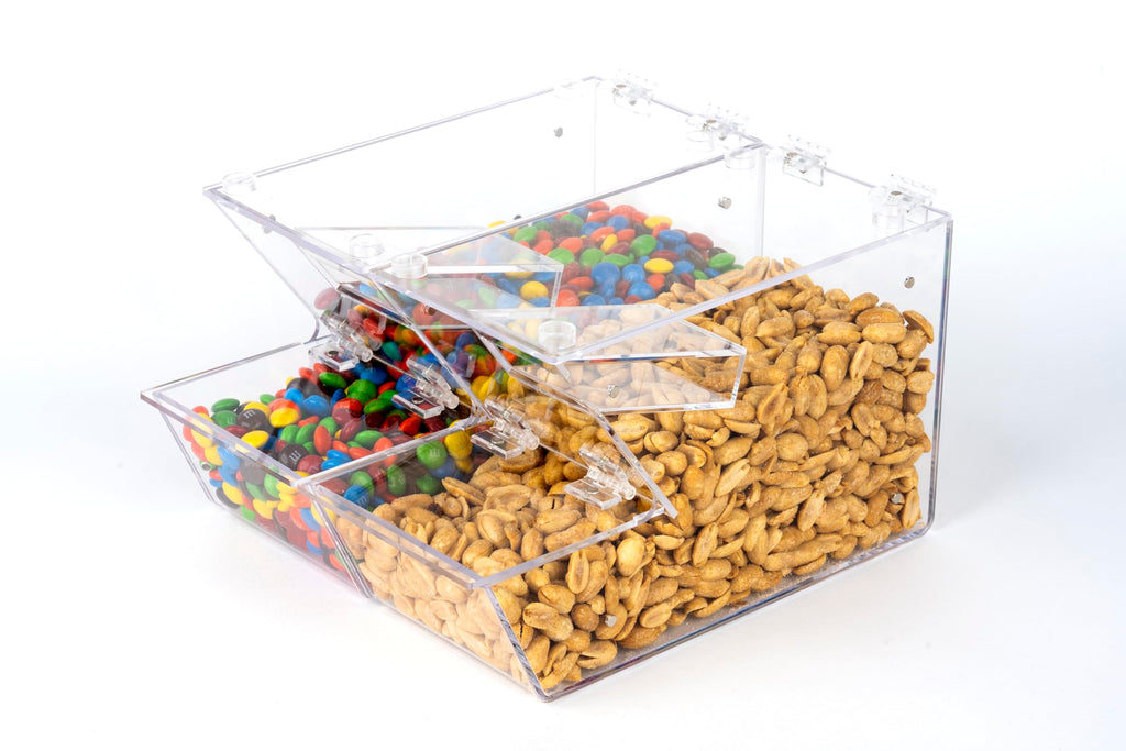 IneVibe Candy Bin Topping Dispenser - Acrylic Bulk Sprinkle Container w/Scoop, Stackable & Magnetic for Multiple Holders on Shelf - Commercial Setting for Cereal, Nuts, Candies & Snack Food Storage