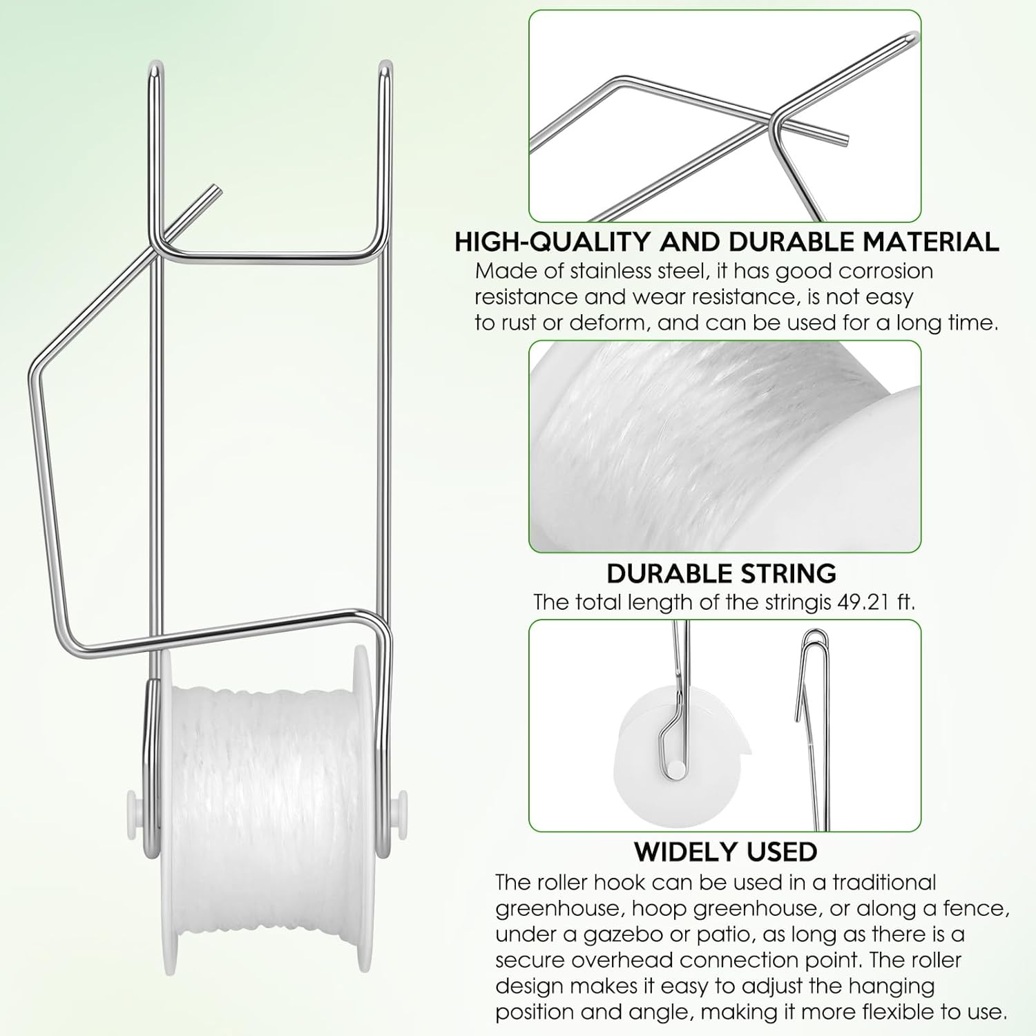Skiennix Tomato Roller Hooks - 10 Pack with 49.2FT Rope for Trellising Plants & Vines