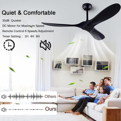 dearnow 52" Ceiling Fans with Remote Control without Light, Modern Reversible DC Motor Indoor Outdoor 3 Blade Ceiling Fan for Patio, Bedroom and Farmhouse (Black)
