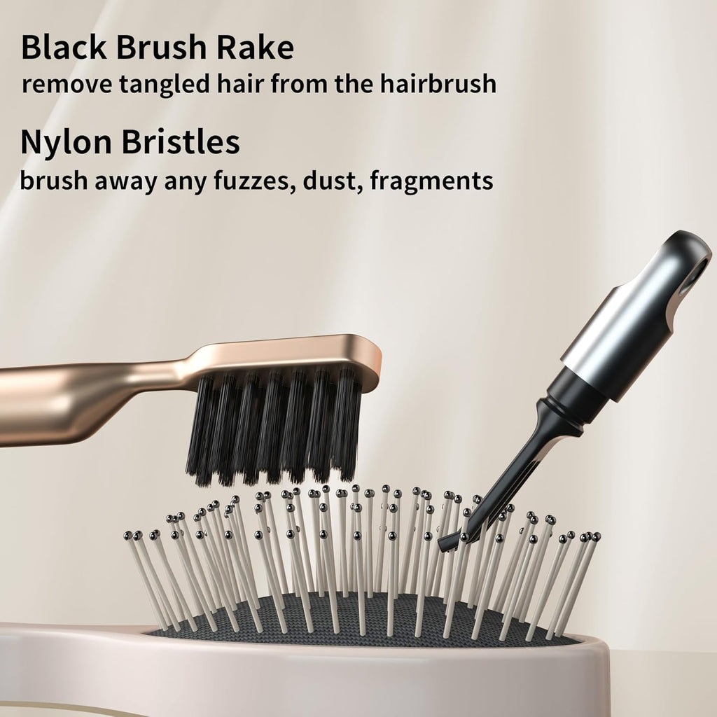 Skiennix 2-in-1 Hair Brush Cleaner - Nylon Bristles & 3-Pronged Rake for Easy Tangled Hair Removal - Compact Gold Design
