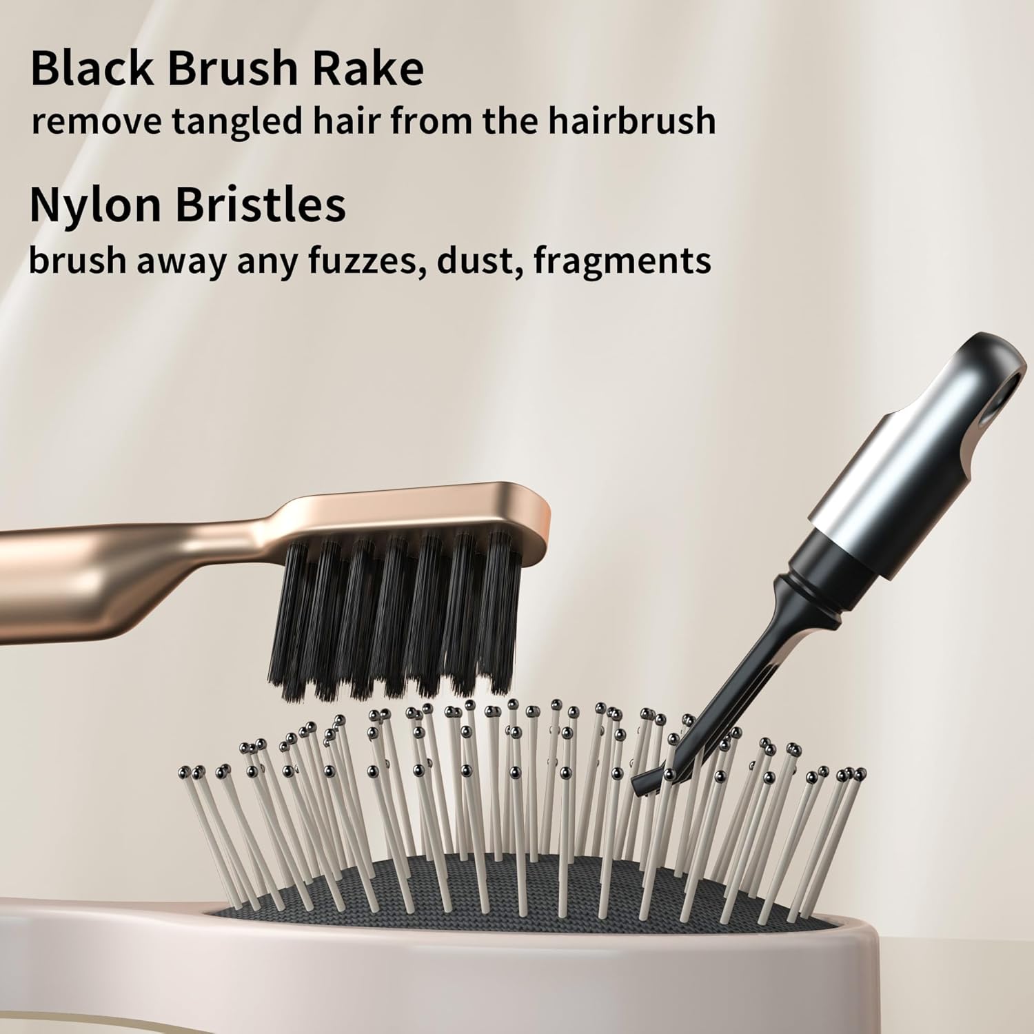 Skiennix 2-in-1 Hair Brush Cleaner - Nylon Bristles & 3-Pronged Rake for Easy Tangled Hair Removal - Compact Gold Design