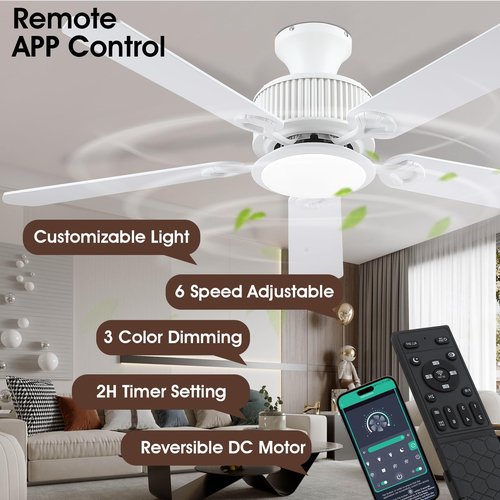 Surtime 52" Ceiling Fans with Lights-Low Profile Ceiling Fan with Light and APP&Remote Control,Flush Mount Ceiling Fan for Indoor/Outdoor,3 Colors Dimmable,5 Reversible Double-Sided Blades（White）