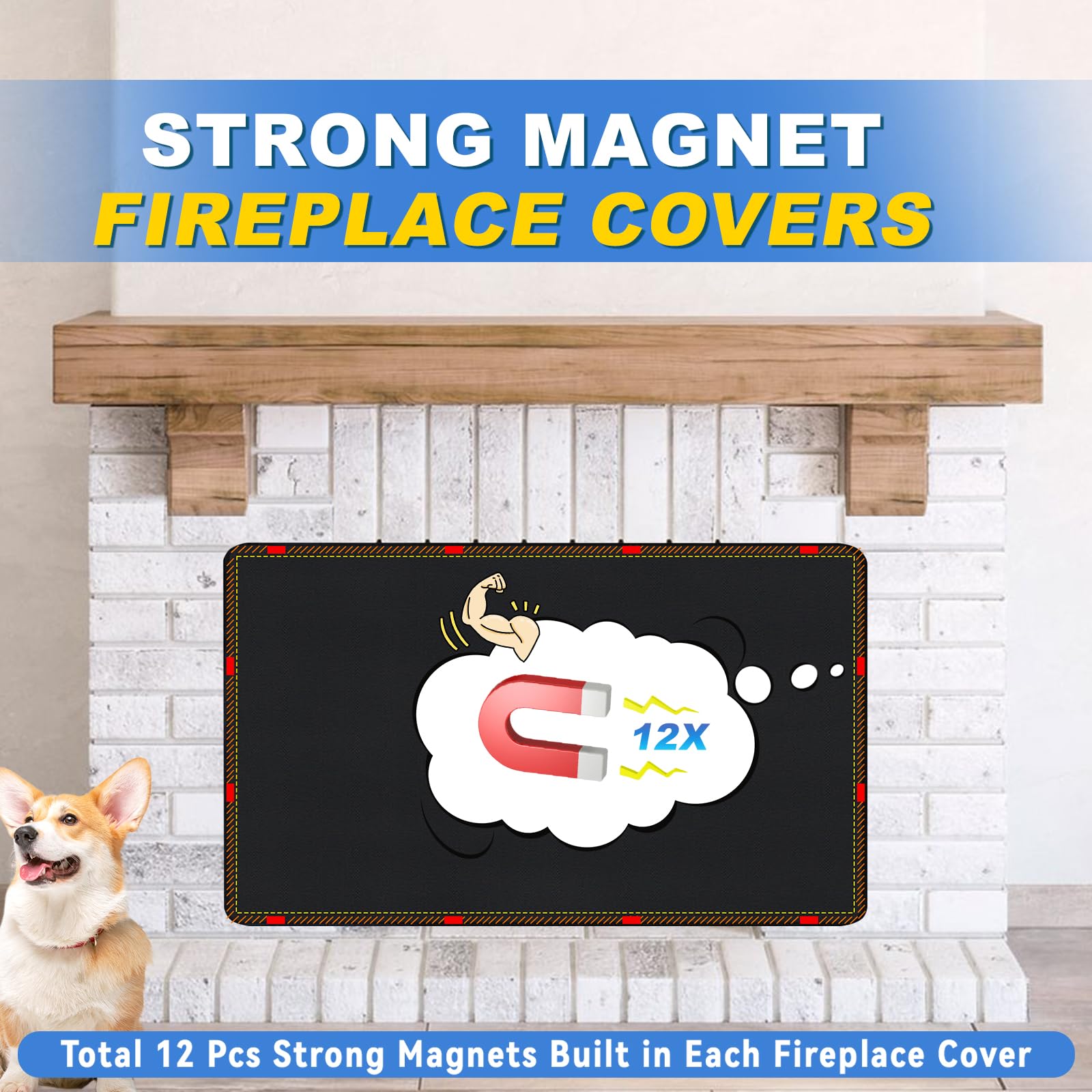Magnetic Fireplace Cover, Fireplace Draft Stopper with 12 Pieces Strong Magnets, Fireplace Blanket for Heat Loss, Air Blocker for Winter and Summer, 36"x24", Black