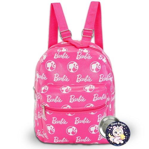 Barbie Mini Backpack for Kids Set - 10” Faux Leather Barbie Backpack with Front Pocket Plus Unicorn Button | Barbie Backpack Bundle for Girls