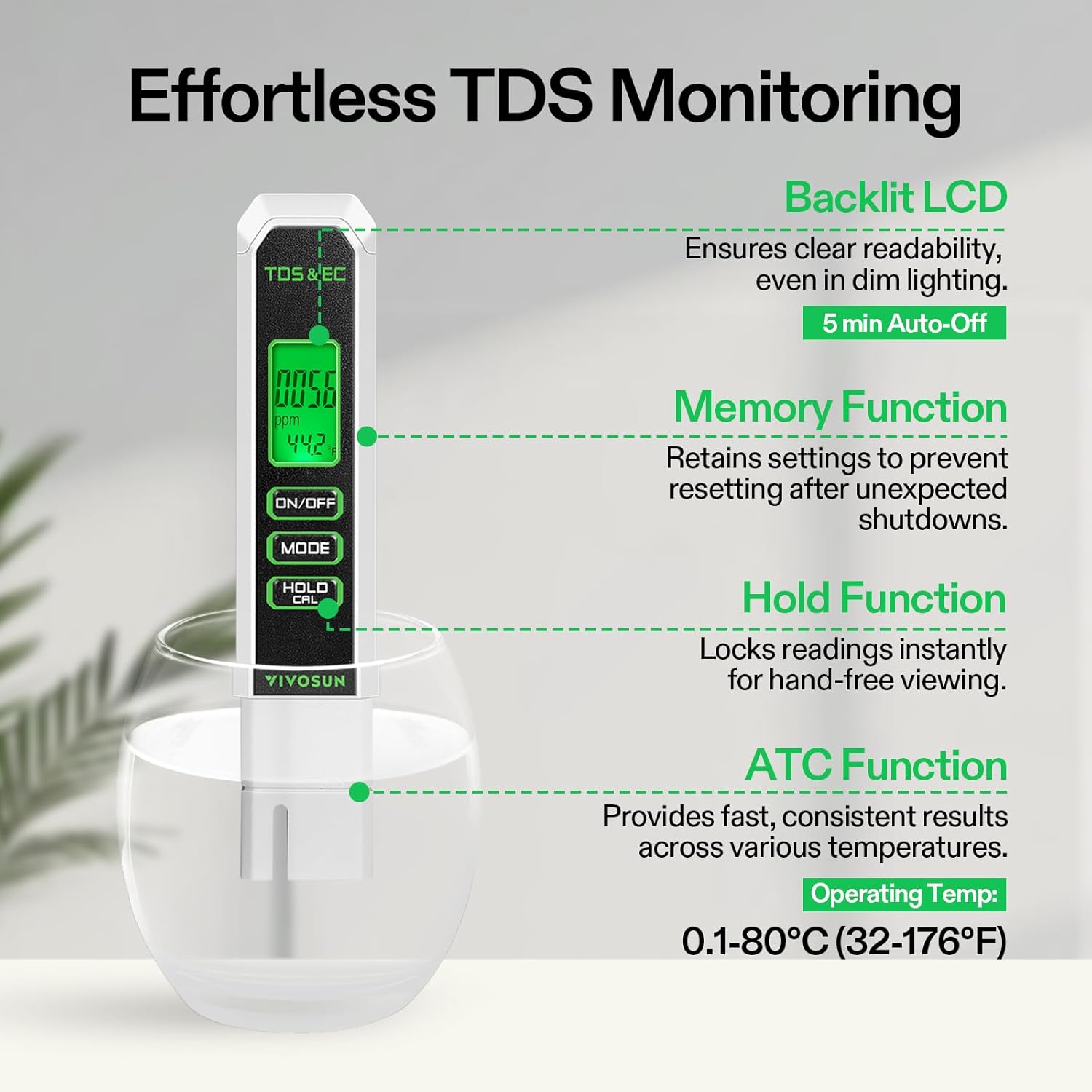 VIVOSUN Digital pH Meter - 3-in-1 TDS, EC & Temperature Tester for Home, Garden & Hydroponics