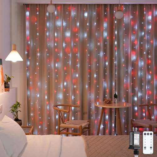 JMEXSUSS 300LED Christmas Curtain Lights - Red & White Twinkle Fairy Lights, 9.8x9.8ft with Remote