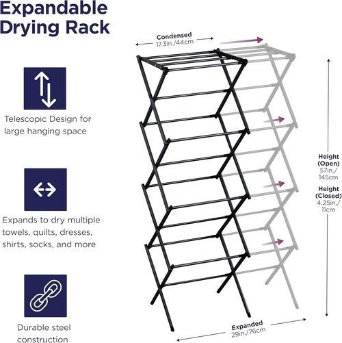 BLACK+DECKER 4-Tier Clothes Drying Rack - Expandable & Collapsible, Space-Saving Design for Towels & Delicates