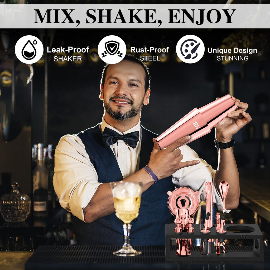 IOV Cocktail Shaker Set: 12-Piece Mixology Bartender Kit Bar Set | 16oz & 28oz Boston Shaker Drink Mixing Tools for Home with Recipe Booklet and Stand | Fun Housewarming Gift (Rose Gold)
