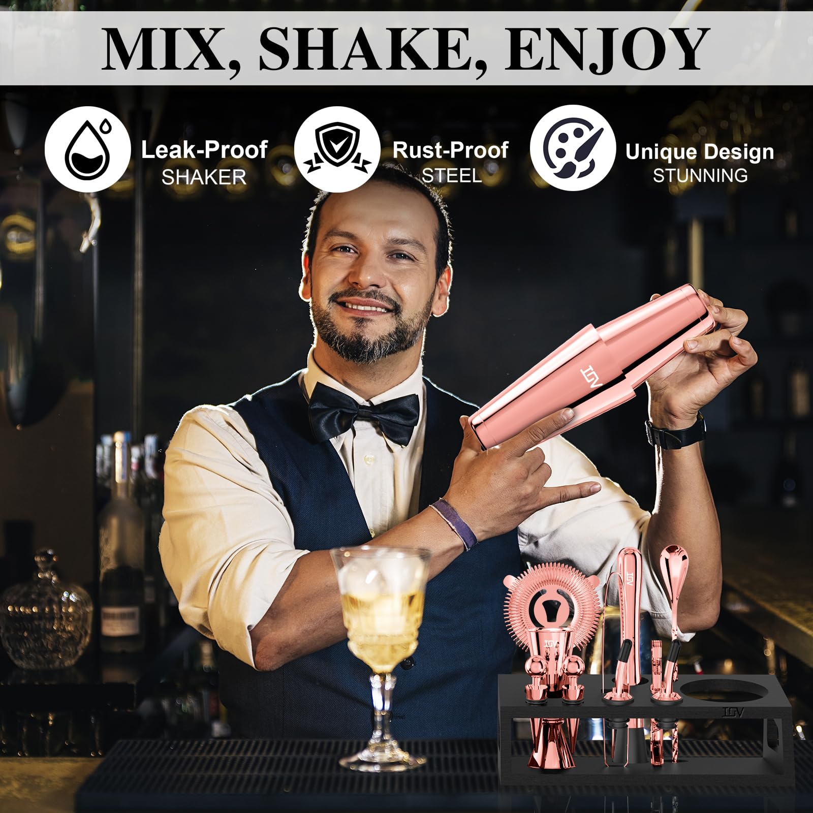IOV Cocktail Shaker Set: 12-Piece Mixology Bartender Kit Bar Set | 16oz & 28oz Boston Shaker Drink Mixing Tools for Home with Recipe Booklet and Stand | Fun Housewarming Gift (Rose Gold)