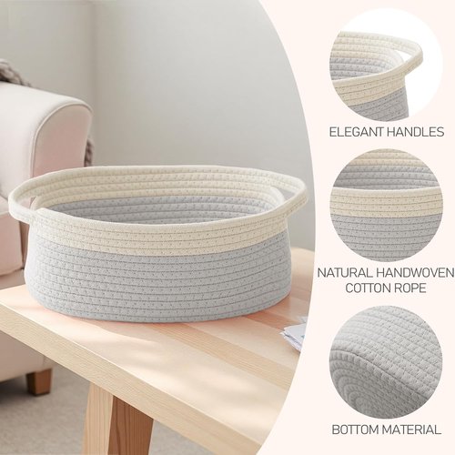 JMvicyroam Woven Basket - Small Rope Storage Bin with Handles for Organizing Shelves & Closets | White & Grey