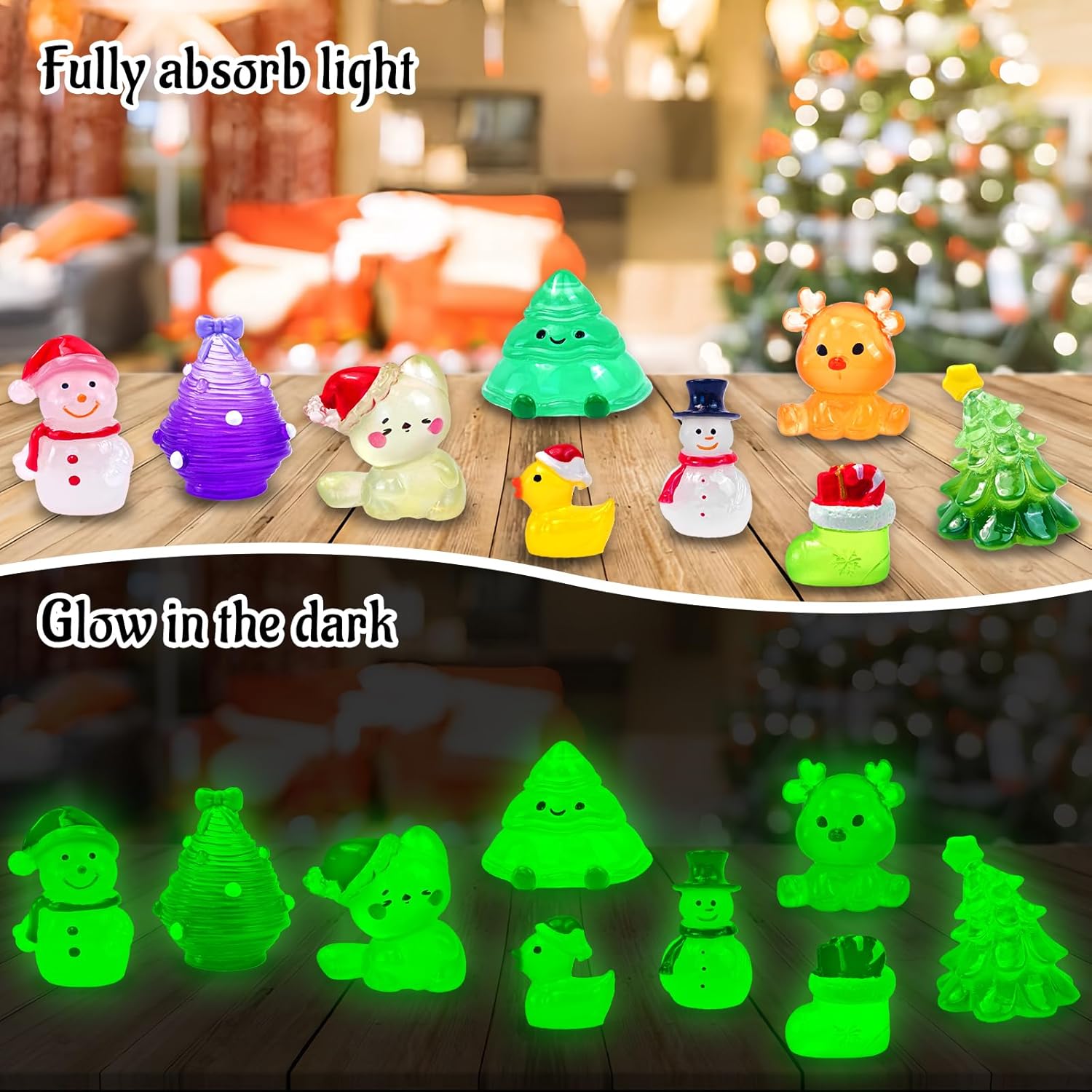 Skiennix Luminous Mini Christmas Figurines - 52 Pcs Glow in The Dark Resin Snowman Decor for Holiday Crafts