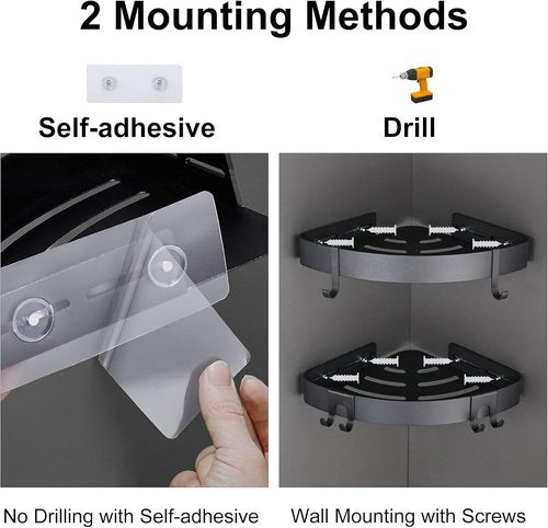DUFU Adhesive Corner Shower Caddy - No-Drill Rust-Proof Aluminum Organizer | 2-Pack Black