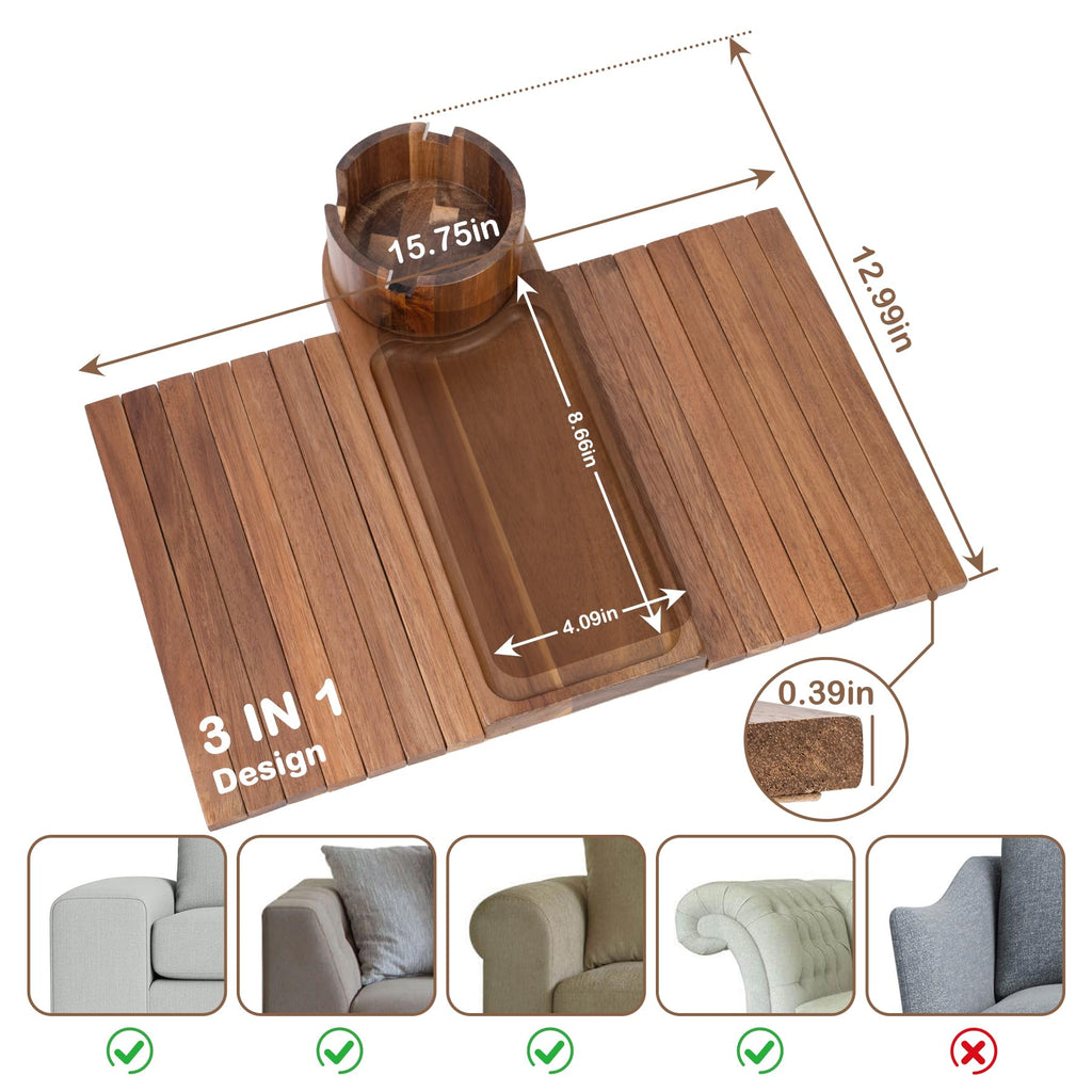 Couch Cup Holder for Armrests Over 4.9" Wide, Acacia Wood Couch Arm Tray with 360° Rotating Cup Holder, 3 in 1 Foldable Sofa Arm Tray Table for Remote, Snacks, Phone, Drinks