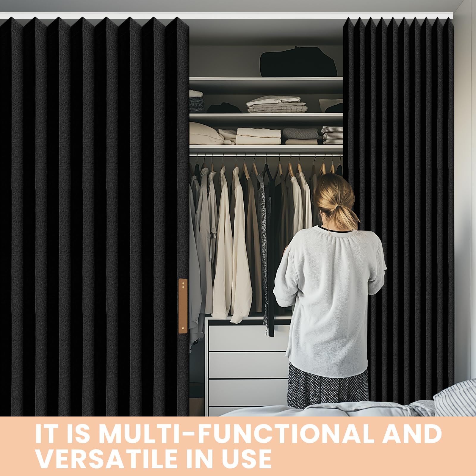 JILRON Accordion-Style Room Divider with Ceiling Track - Foldable Partition Curtain, Easy Installation(Black 100" W x 84" L-Pack of 1)