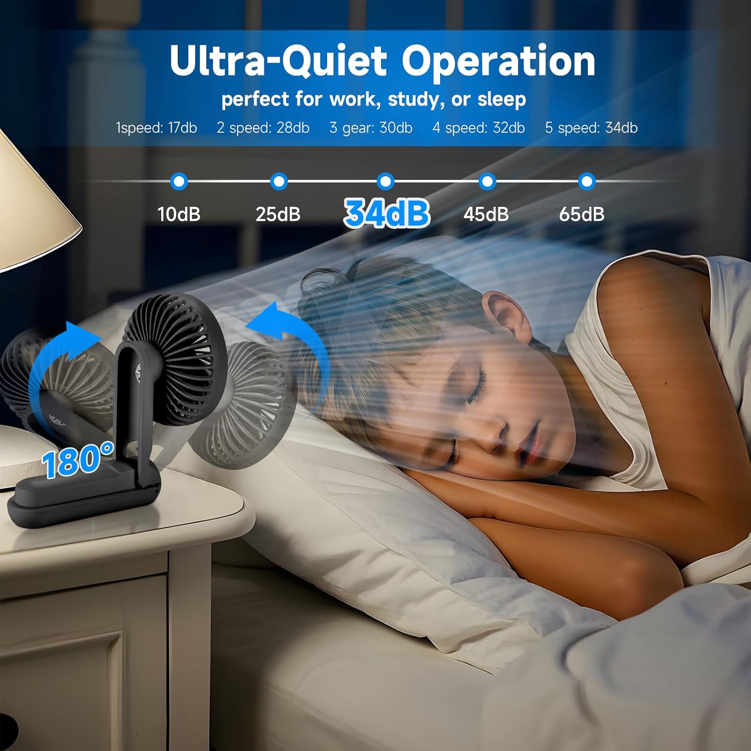 Skiennix Portable Handheld Fan - USB Rechargeable Mini Fan with 5 Speeds & LED Display | 180° Foldable, Black