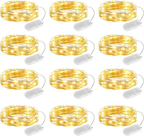 Fairy Lights Battery Operated String Lights - 12 Pack 7ft 20 LED Warm White Silver Wire for Mason Jars & Decor