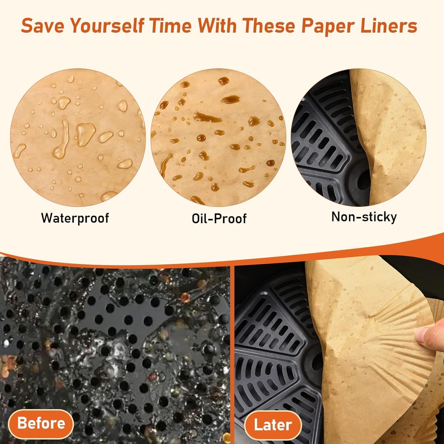 Ninja Air Fryer Liners - 100 Pcs Non-Stick Oil-Proof Parchment Paper (22x14.5cm), Brown