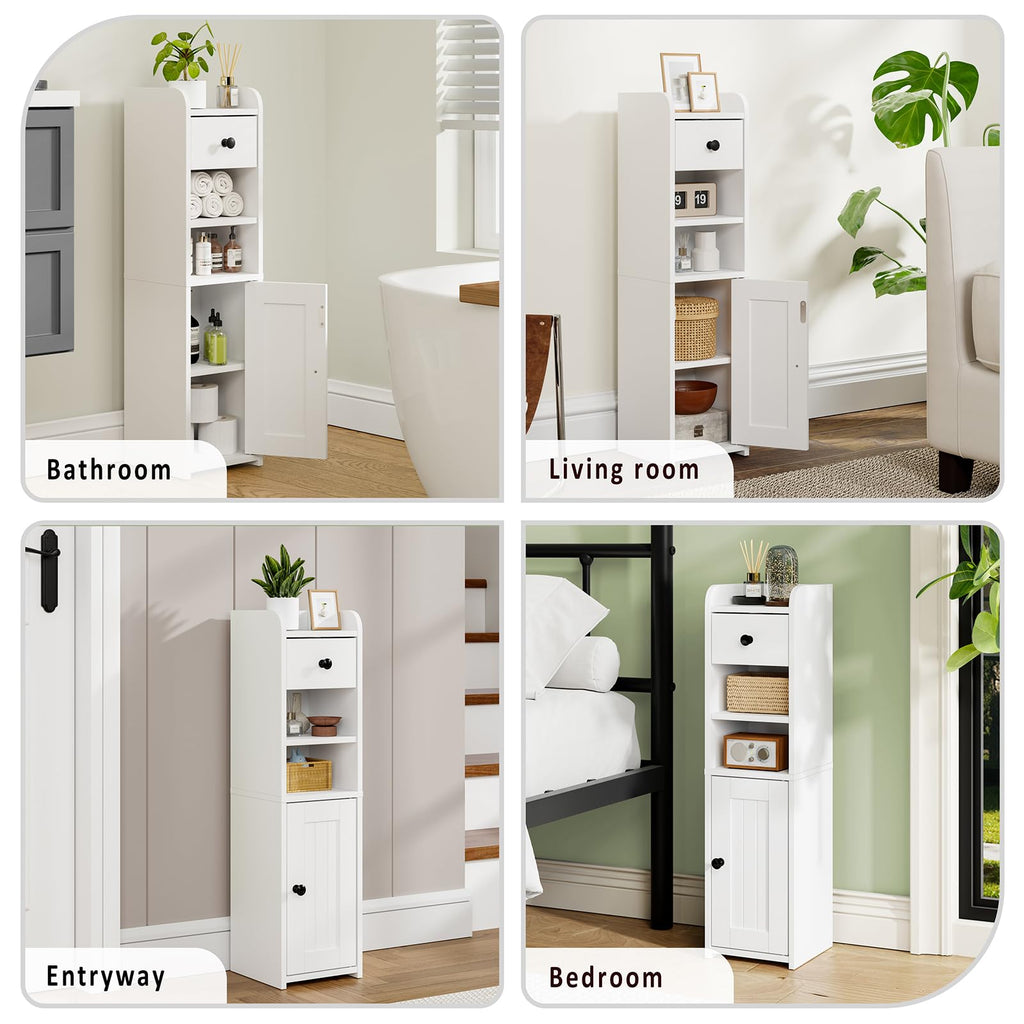Lomojo Small Bathroom Storage Cabinet,Narrow Toilet Paper Holder,Corner Floor Cabinet with Doors and Drawer for Small Space,Adjustable Shelf Organizer,7.75L*7.75D*29.6H,White